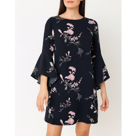 Leith brand black sheath dress floral print trumpet sleeve boxy fit SZ XS - Picture 1 of 10